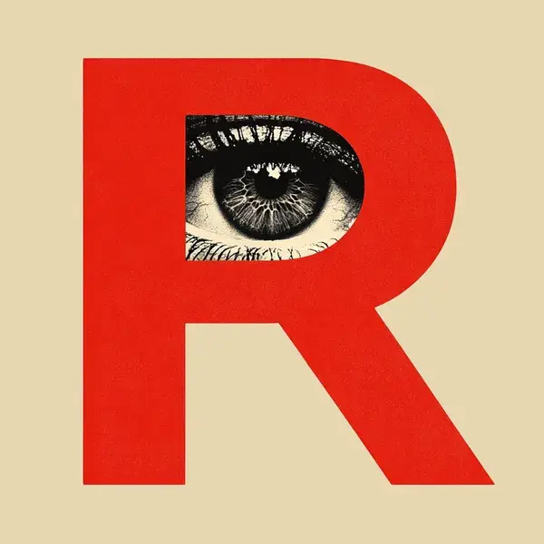 AI illustration of a large red registered trademark "R" with a human eye in the centre